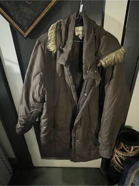 Roaman's Dark Brown Puffer Parka with Faux Fur Hood Trim (tub#6)